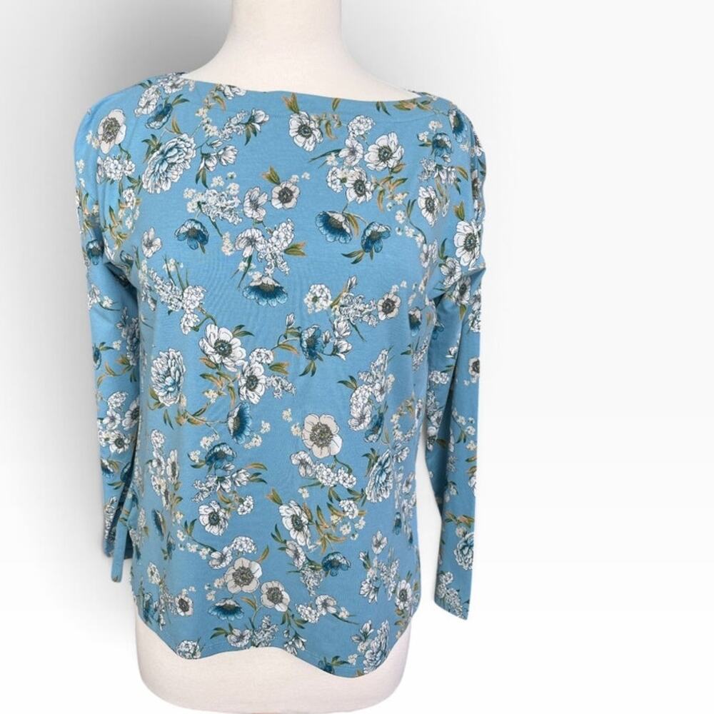 J. Jill Luxe Supima Boat Neck Tee Blue Floral Long Sleeves Stretchy Casual XS